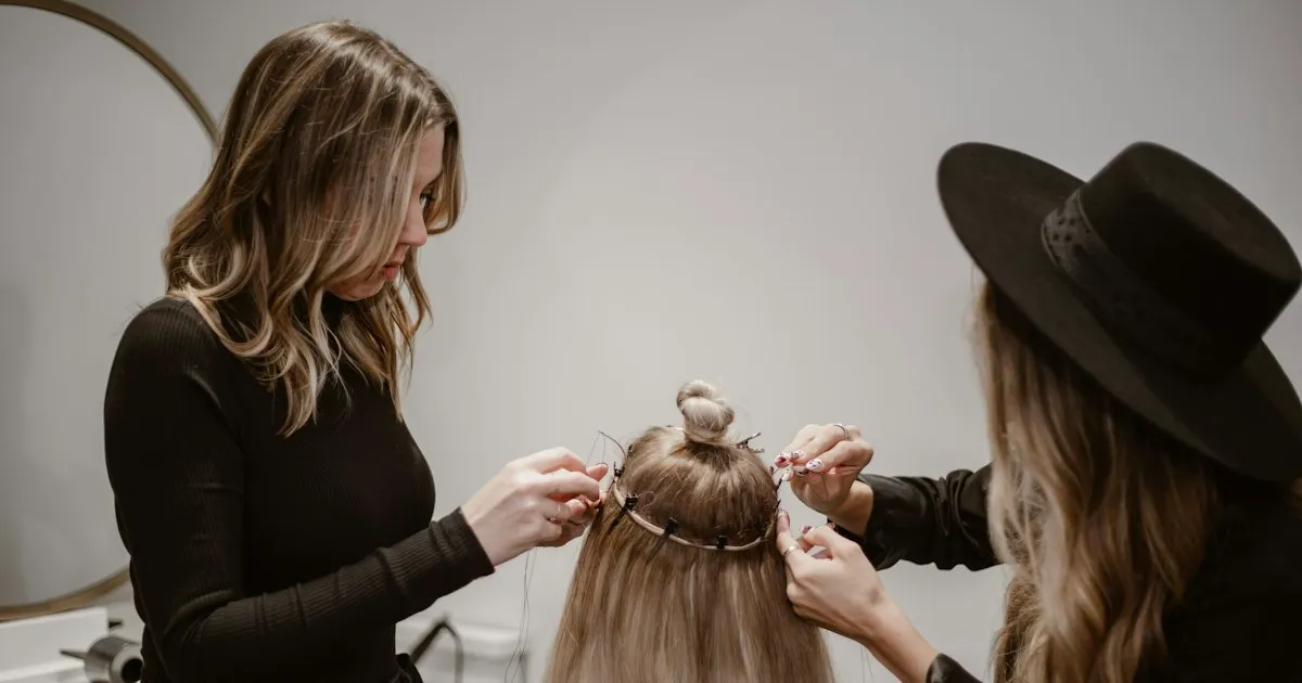 Deux coiffeuses posant des extensions de cheveux blonds mèche par mèche sur une cliente en salon